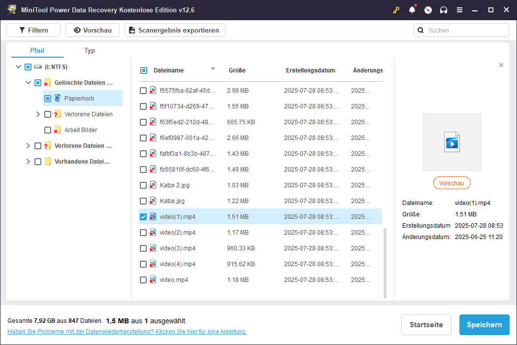 Wählen Sie die Dateien aus, die Sie wiederherstellen möchten. In diesem Schritt können Sie Dateien aus verschiedenen Ordnern gleichzeitig auswählen.