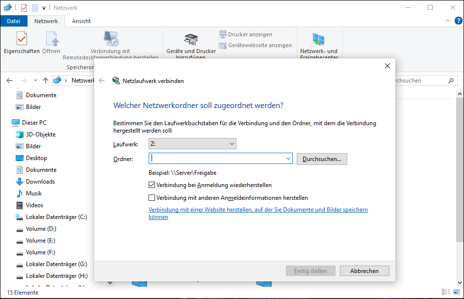 Klicken Sie im Datei-Explorer mit der rechten Maustaste auf Dieser PC und wählen Sie Netzlaufwerk verbinden.