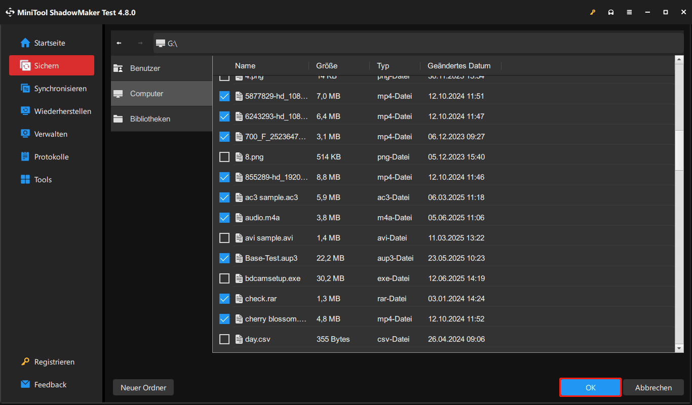 Sicherungsquelle in MiniTool ShadowMaker auswählen