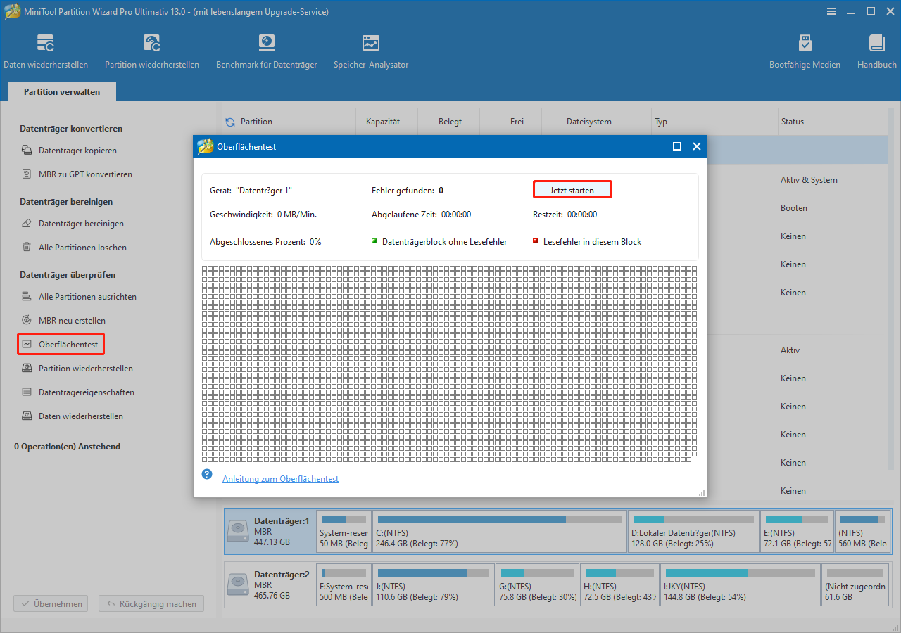 Oberflächentest von der Festplatte in MiniTool Partition Wizard
