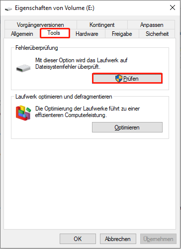 Gehen Sie zur Registerkarte Tools und klicken Sie dann im Abschnitt Fehlerüberprüfung auf die Schaltfläche Prüfen.