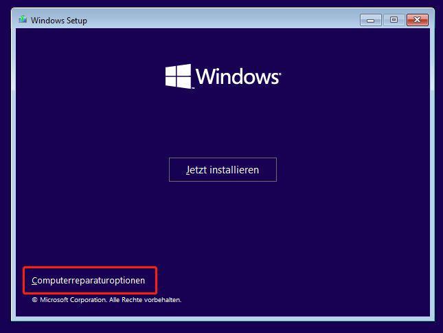 Wenn Sie das Fenster Windows Setup sehen, klicken Sie auf Weiter. Klicken Sie im neuen Fenster unten links auf Computerreparaturoptionen.