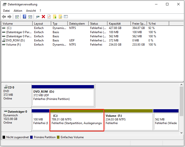 Zeigen Sie das Ergebnis vom Vergrößern des Laufwerks C in der Datenträgerverwaltung an.