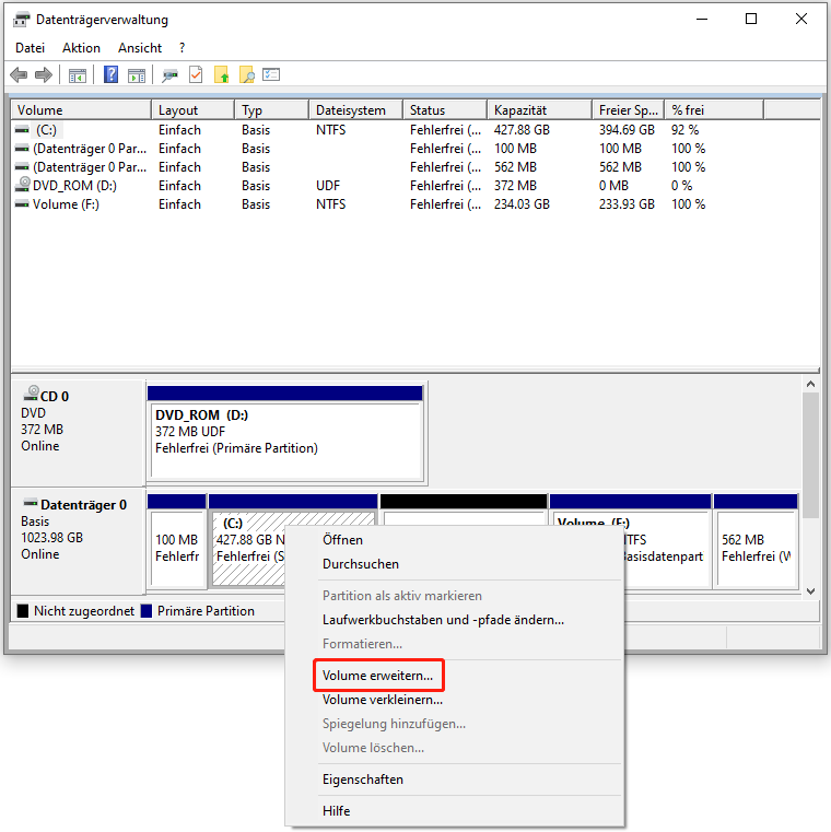 Klicken Sie mit der rechten Maustaste auf das Laufwerk C und wählen Sie Volume erweitern.