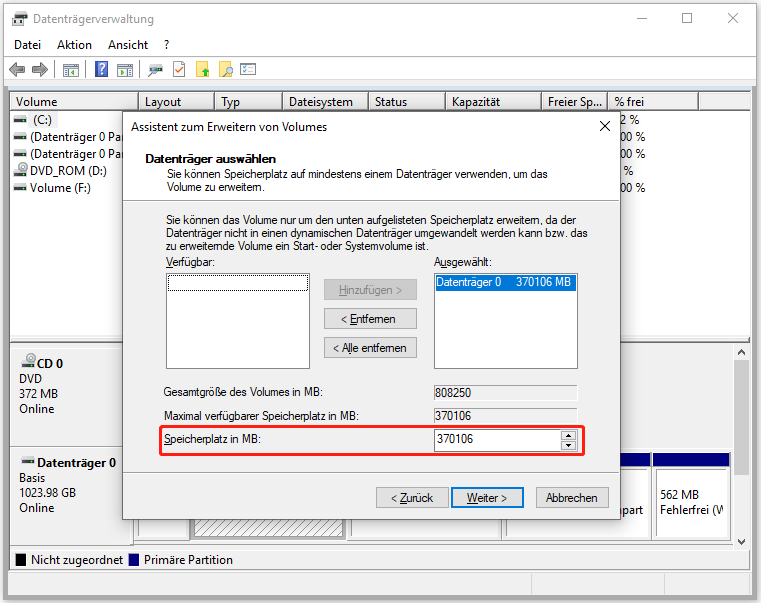 Wählen Sie die hinzuzufügende Speicherplatzmenge aus