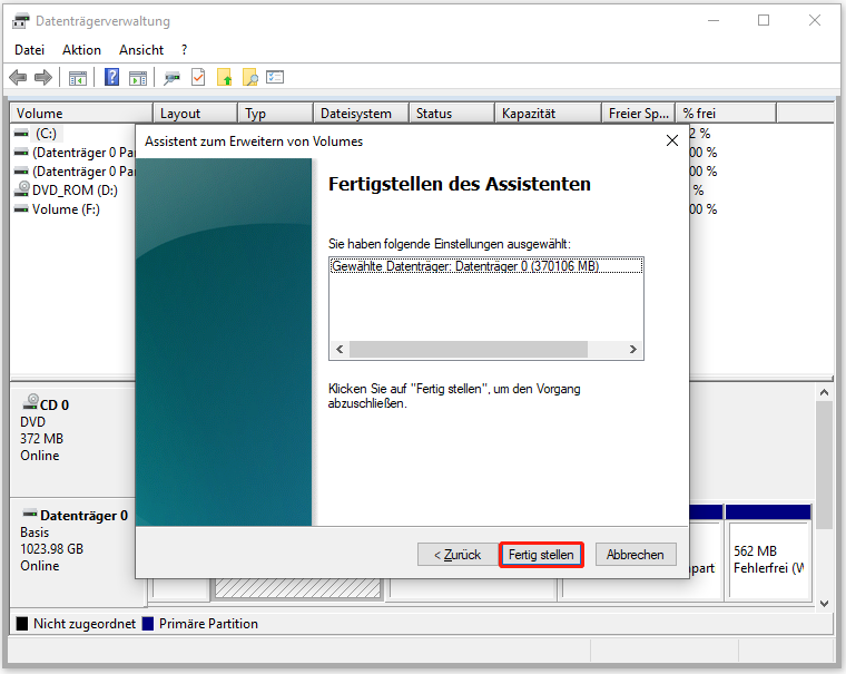 Klicken Sie auf die Schaltfläche Fertig stellen in Datenträgerverwaltung