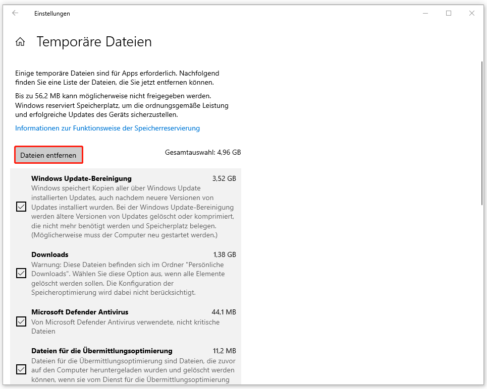Dateien mit der Speicheroptimierung löschen