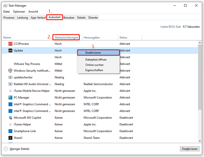 Autostartprozesse mit hoher Startwirkung im Task-Manager deaktivieren