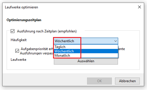 geplante Häufigkeit für die geplante Defragmentierung auswählen