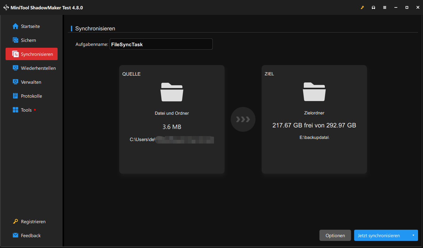MiniTool ShadowMaker Sync-Seite zum Synchronisieren von Dateien