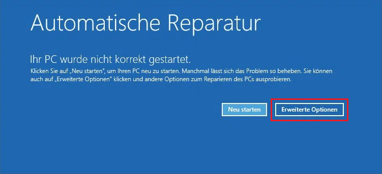 Zum Öffnen von WinRE klicken Sie auf dem Bildschirm „Automatische Reparatur“ auf „Erweiterte Optionen“
