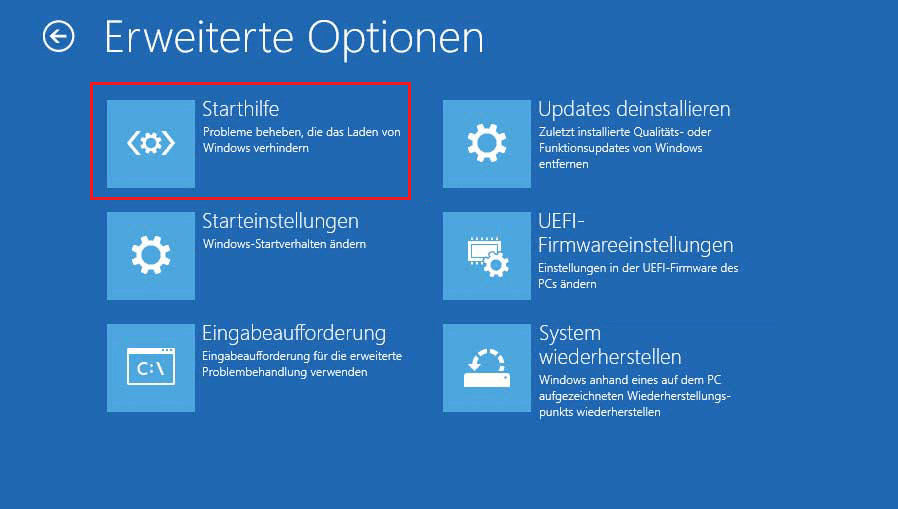auf dem Bildschirm „Erweiterte Optionen“ auf „Starthilfe“ klicken