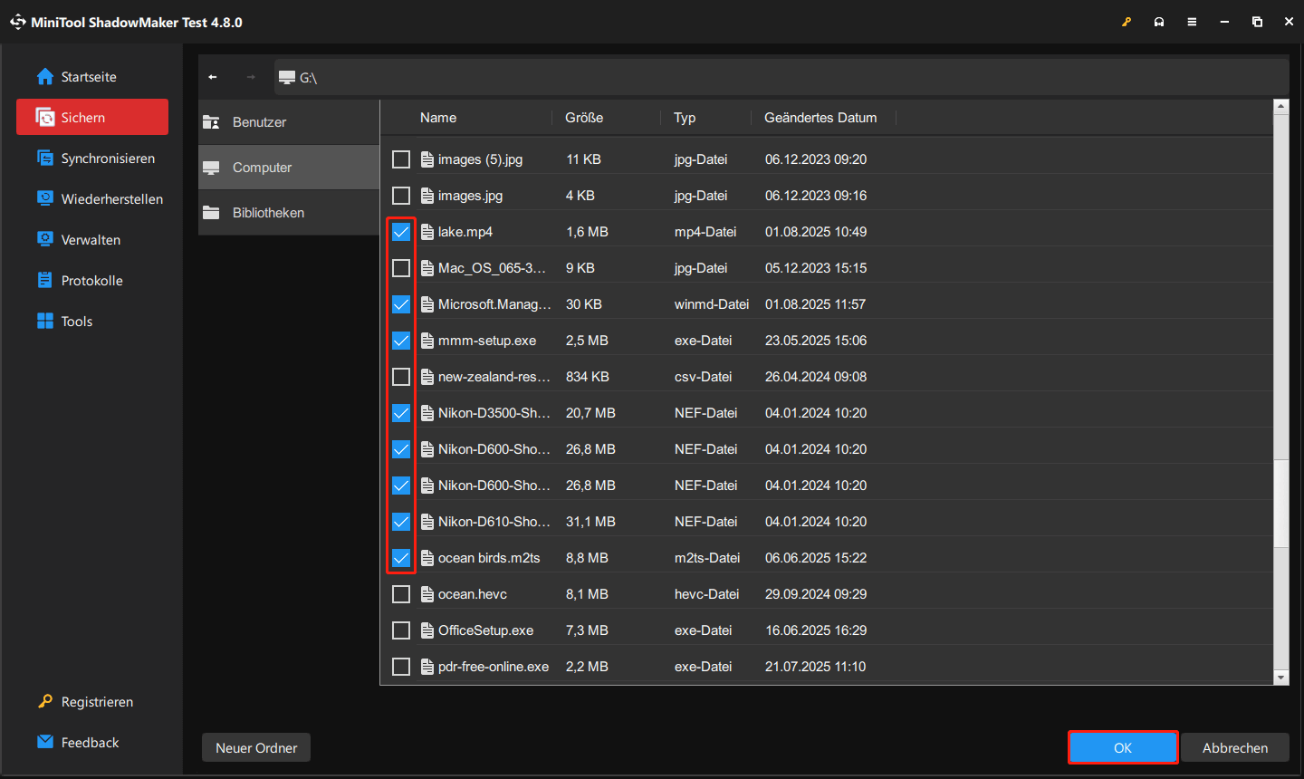 zu sichernde Elemente in MiniTool ShadowMaker markieren
