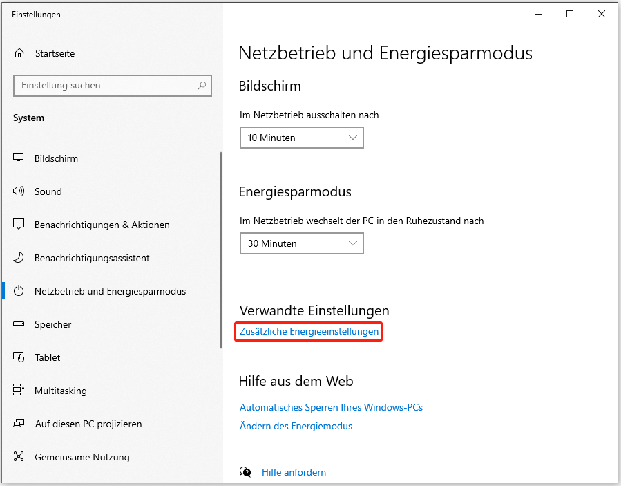 Klick auf Zusätzliche Energieeinstellungen