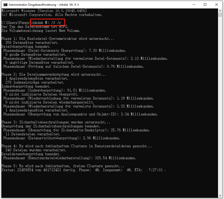 Führen Sie den Befehl CHKDSK aus.