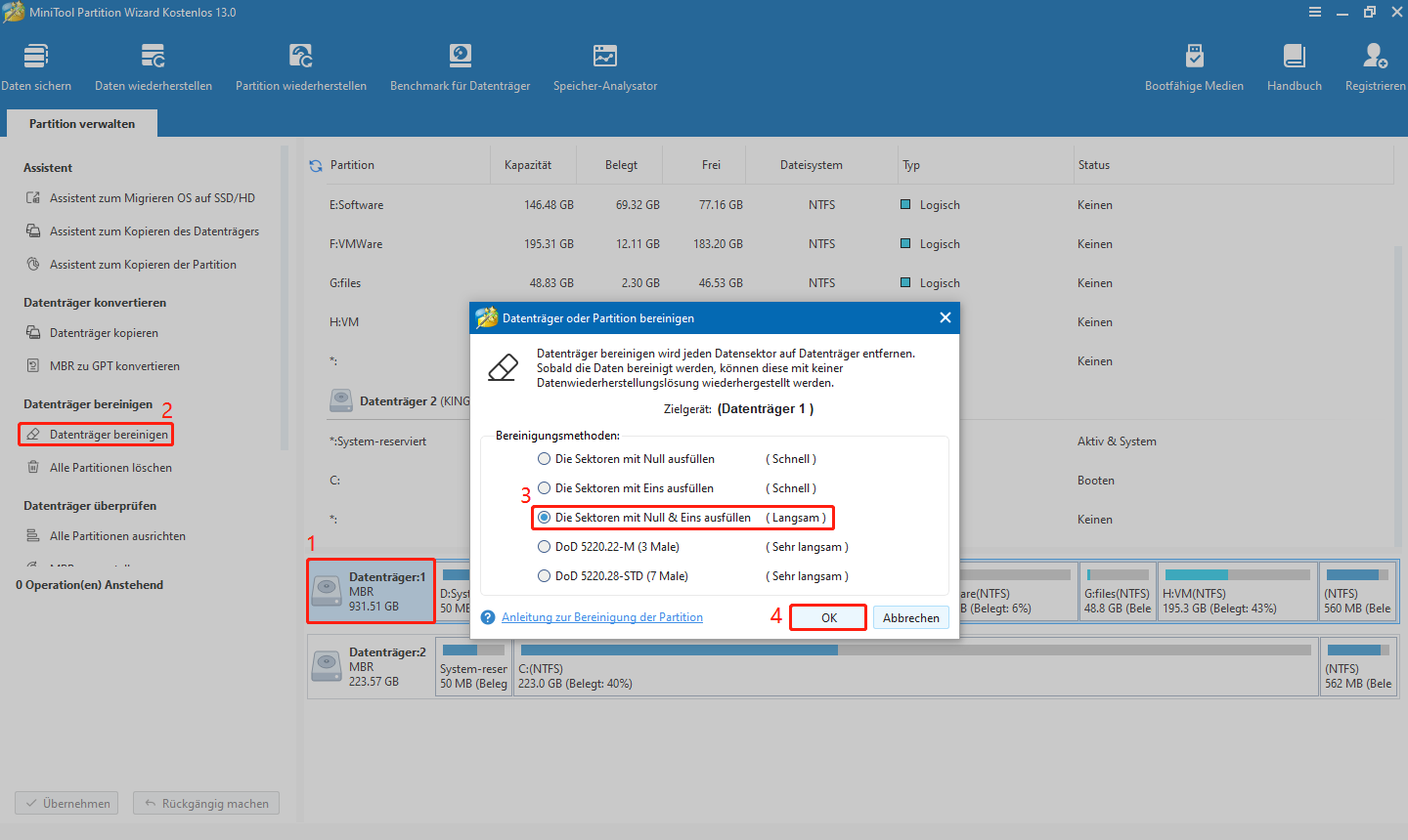 in MiniTool Partition Wizard auf „Datenträger bereinigen“ klicken und eine Bereinigungsmethode auswählen