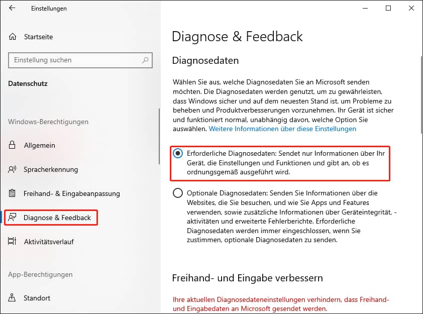 Einstellungen für Diagnose & Feedback in den Einstellungen ändern