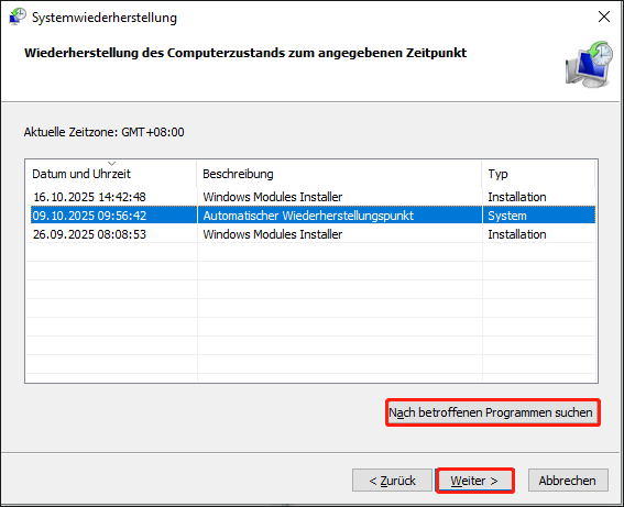 Nach betroffenen Programmen suchen, bevor Sie eine Systemwiederherstellung durchführen