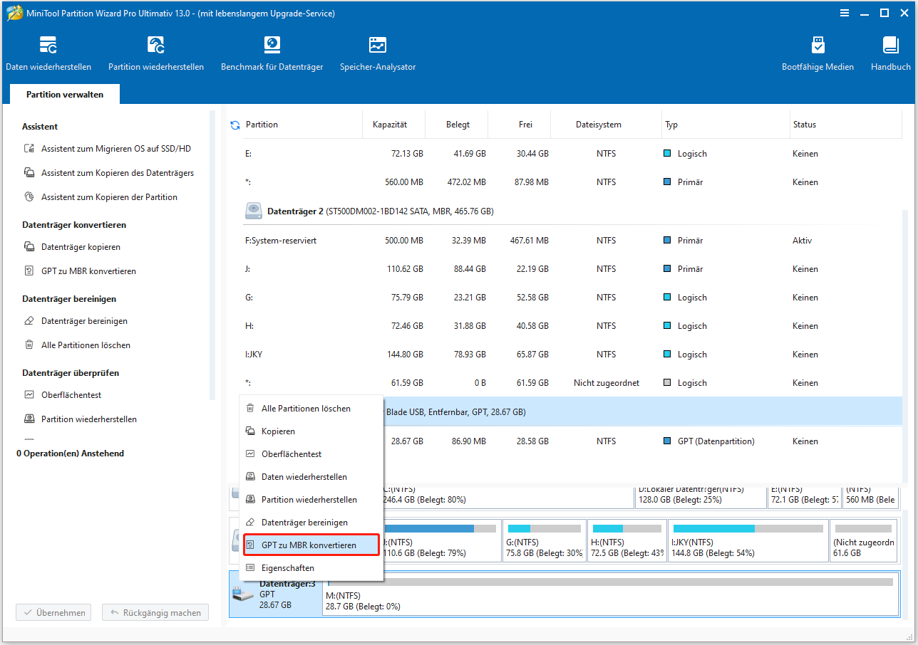 Mit MiniTool Partition Wizard GPT in MBR konvertieren