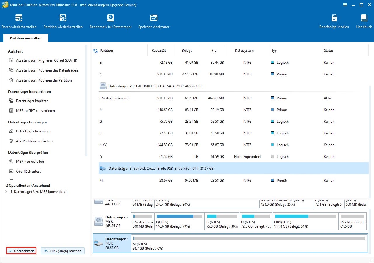 Auf Übernehmen in MiniTool Partition Wizard klicken