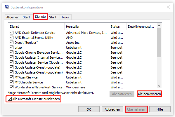 Alle Microsoft-Dienste ausblenden und deaktivieren