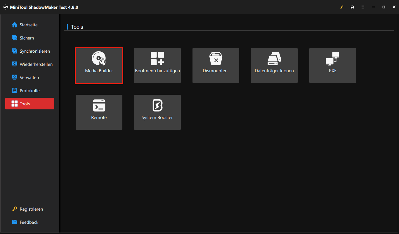 in MiniTool ShadowMaker auf „Media Builder“ klicken