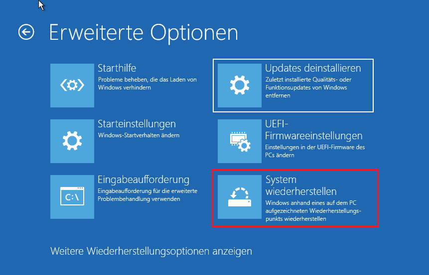 im Bildschirm „Erweiterte Optionen“ auf „System wiederherstellen“ klicken