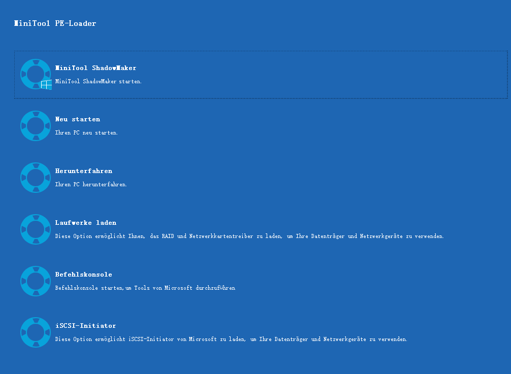 auf der MiniTool PE-Loader-Oberfläche klicken Sie auf „MiniTool ShadowMaker“
