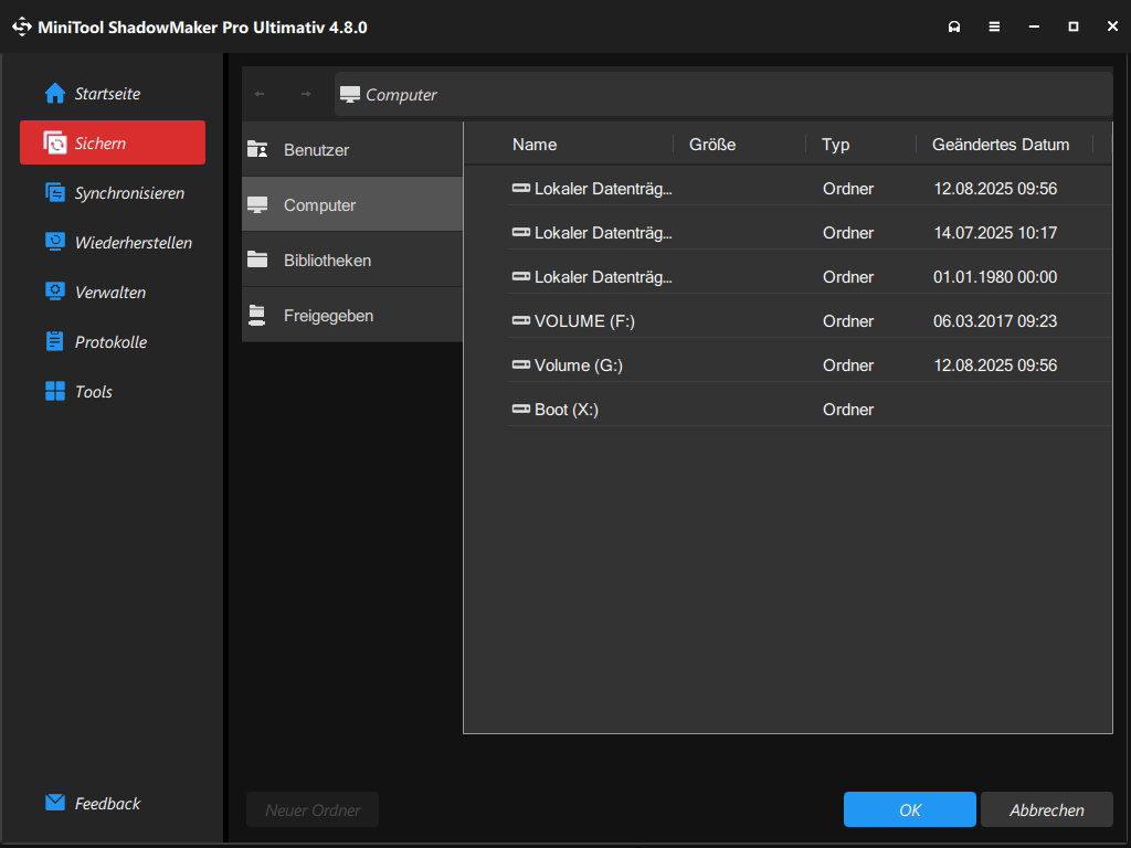 Speicherort für die Sicherung in MiniTool ShadowMaker Bootfähig auswählen