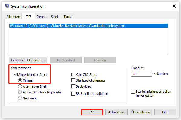 „Abgesicherter Start“ im Systemkonfiguration-Fenster aktivieren
