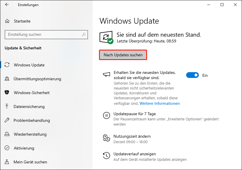 in den Windows-Einstellungen auf „Nach Updates suchen“ klicken