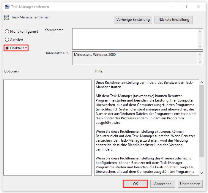 zum Öffnen des Task-Managers aktivieren Sie „Deaktiviert“ im Fenster „Task-Manager entfernen“