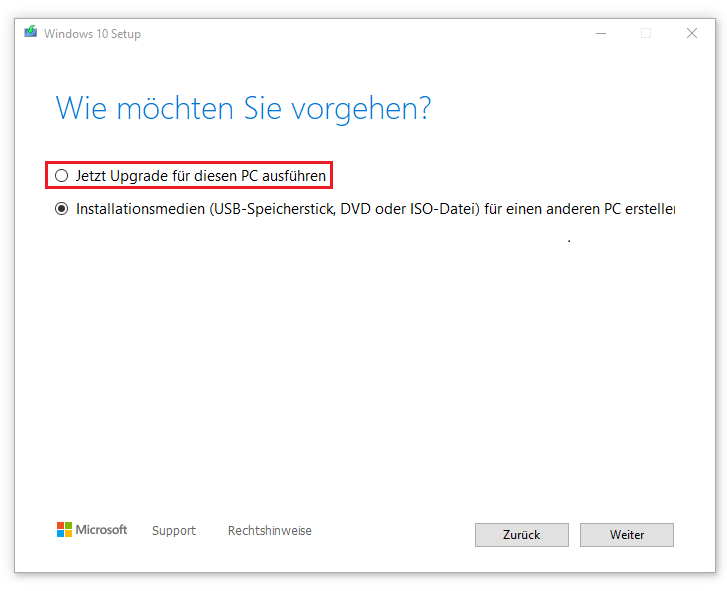 „Jetzt Upgrade für diesen PC ausführen“ im Fenster „Windows 10-Setup“ aktivieren
