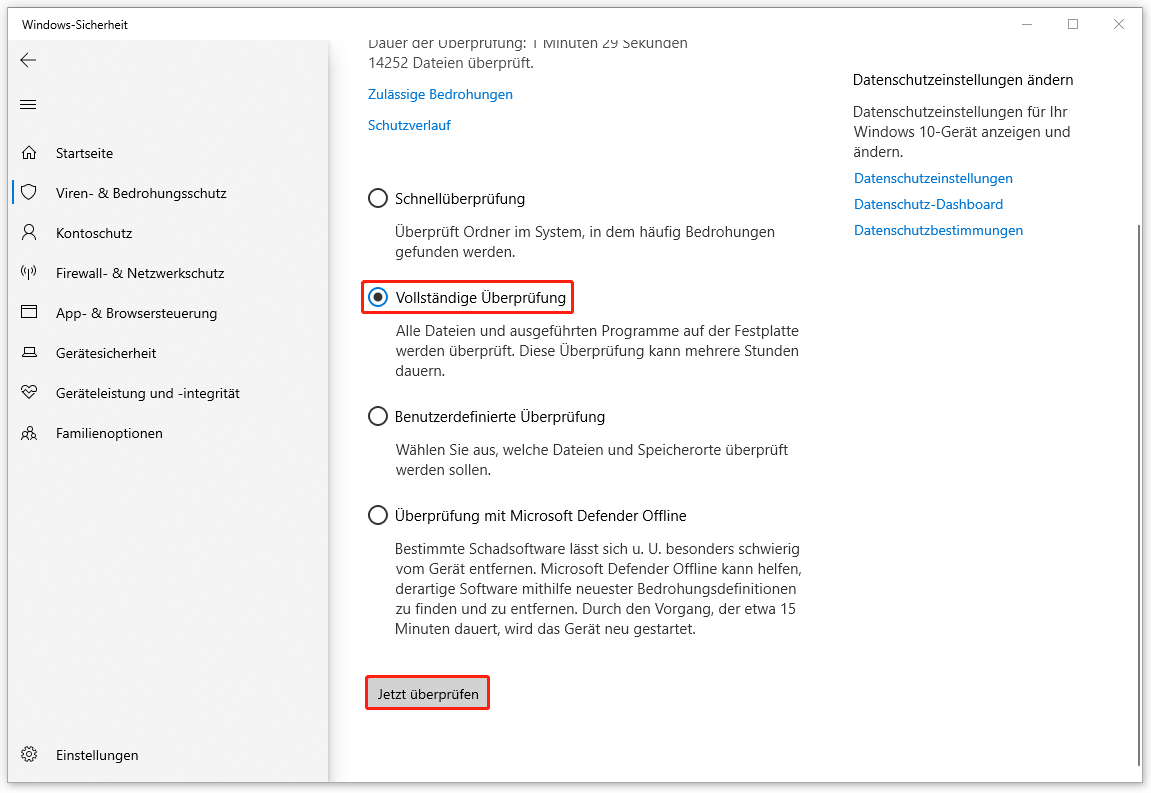 Vollständige Überprüfung in der Windows-Sicherheit durchführen