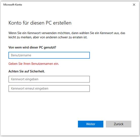 neues Benutzerkonto erstellen und erforderliche Informationen eingeben