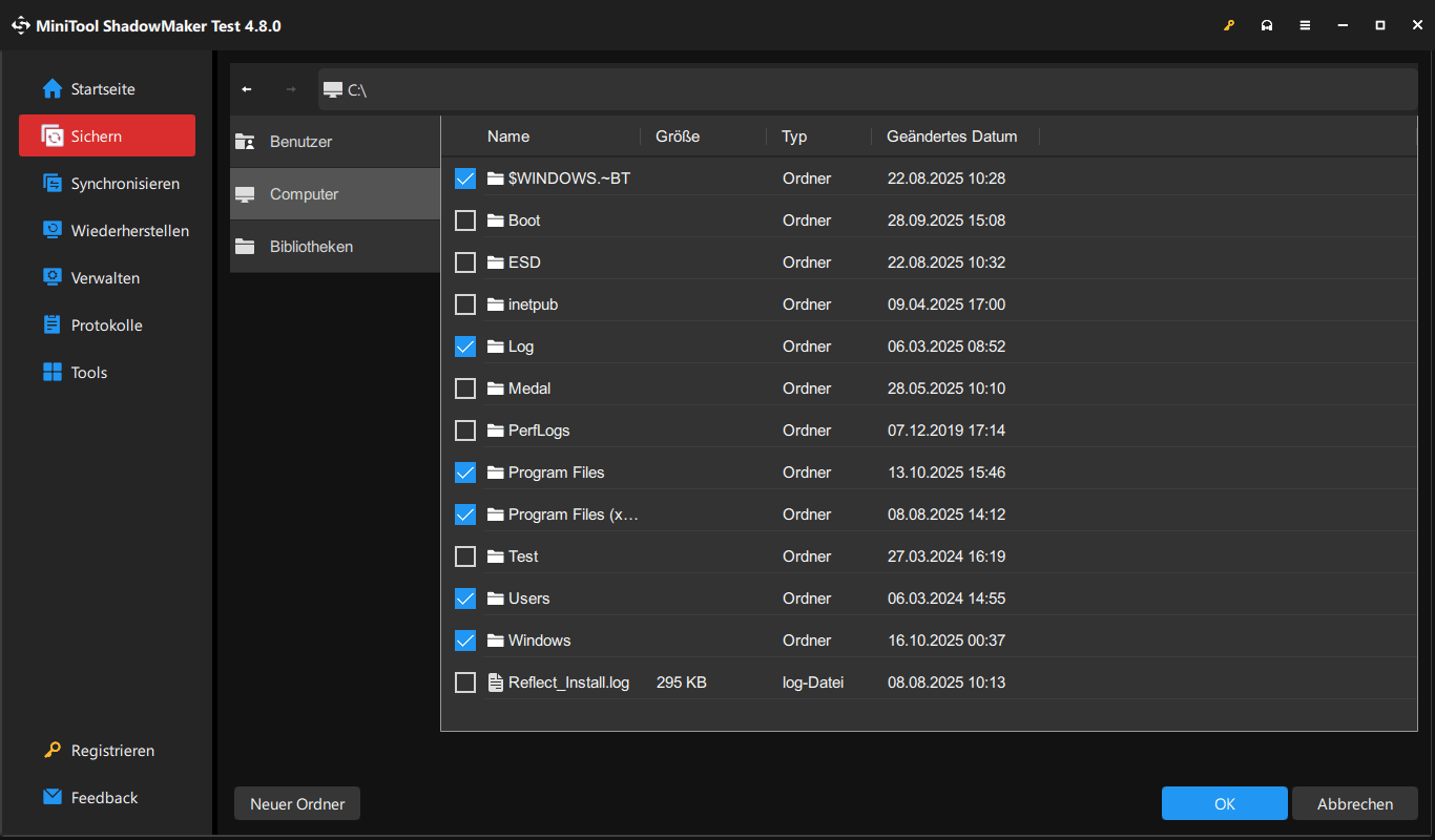 in MiniTool ShadowMaker zu sichernde Elemente auswählen