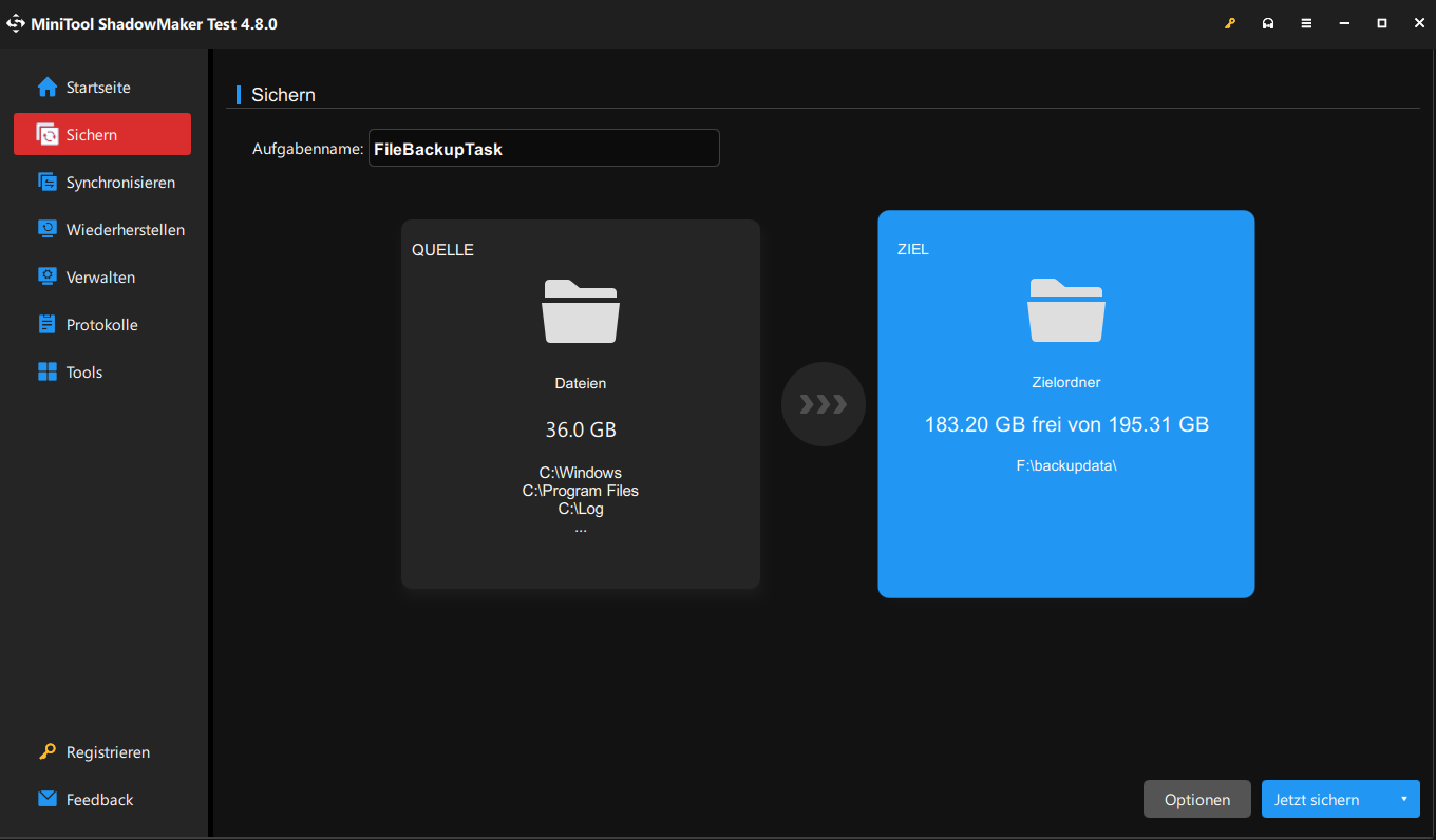 einen Speicherort unter „ZIEL“ in MiniTool ShadowMaker festlegen