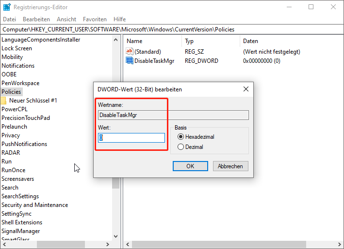 Wert von „DisableTaskMgr“ im Registrierungs-Editor auf 0 ändern