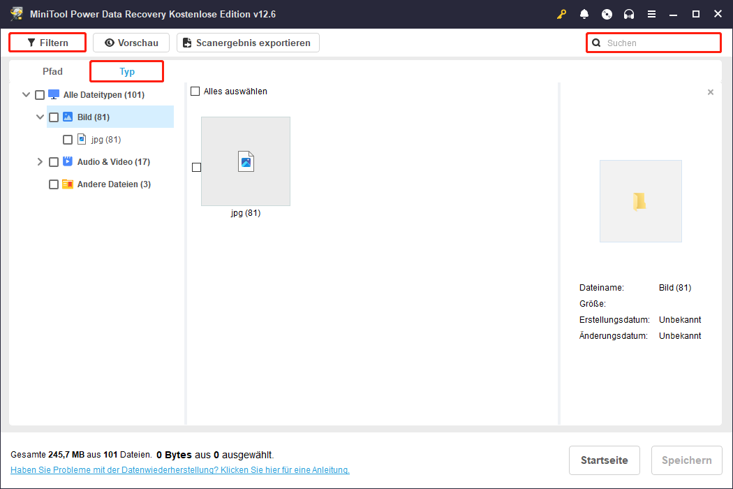 Verwenden Sie Typ, Filter und Suche, um Dateien in MiniTool Power Data Recovery zu finden