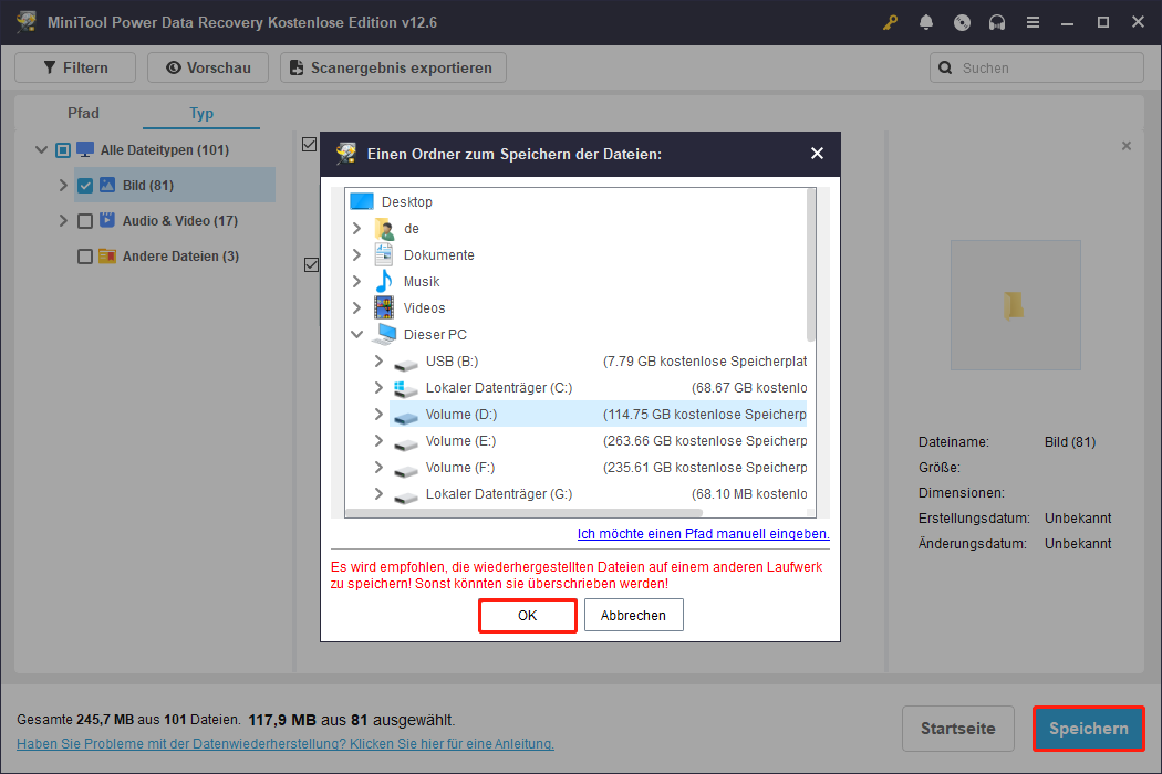 Dateien mit MiniTool Power Data Recovery an einem sicheren Ort wiederherstellen