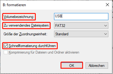 USB-Laufwerk in der Datenträgerverwaltung formatieren