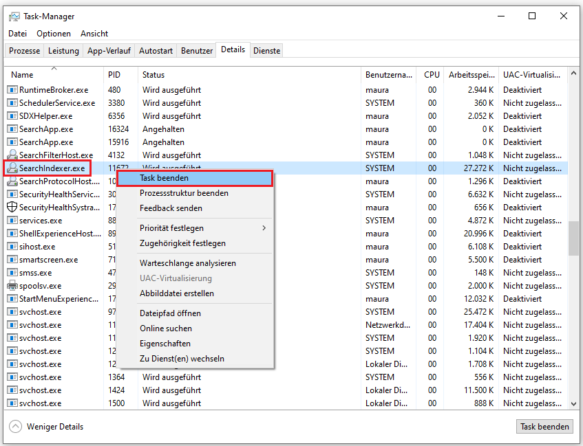 im Task-Manager auf „SearchIndexer.exe“ rechtsklicken und „Task beenden“ wählen