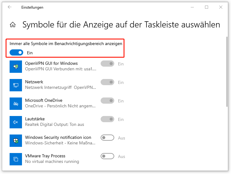 „Immer alle Symbole im Benachrichtigungsbereich anzeigen“ in den Windows-Einstellungen aktivieren