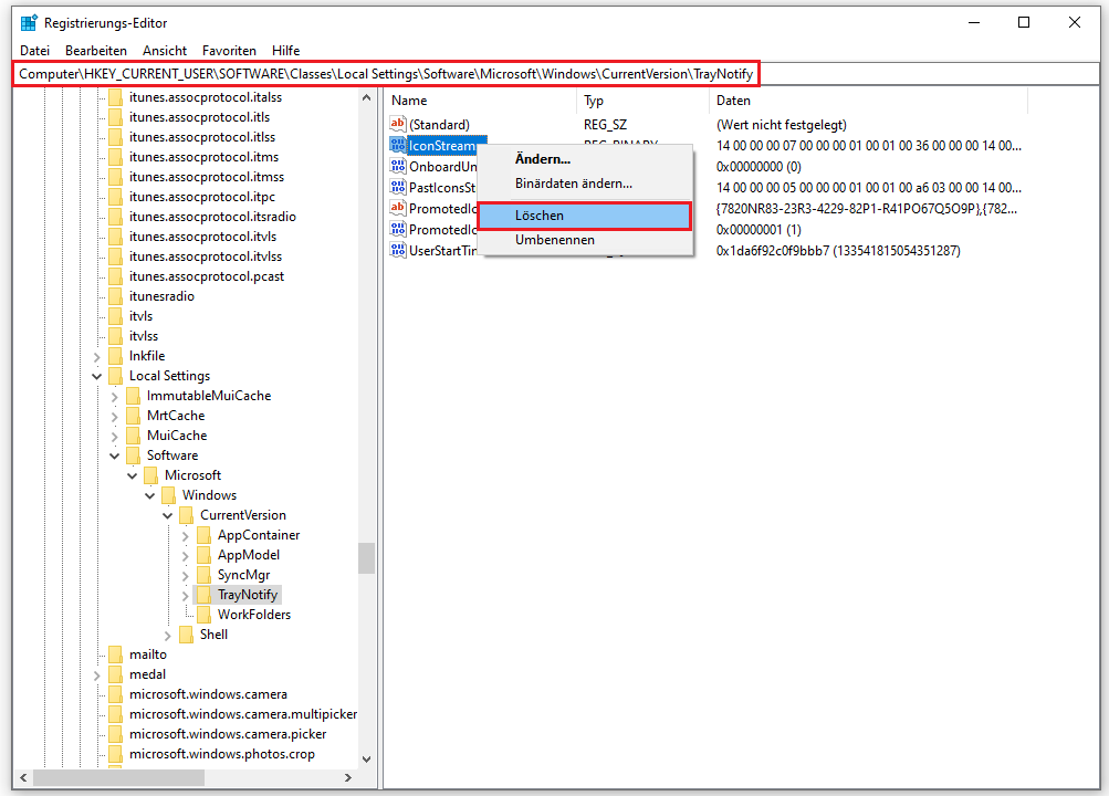 IconStreams-Eintrag im Registrierungs-Editor löschen