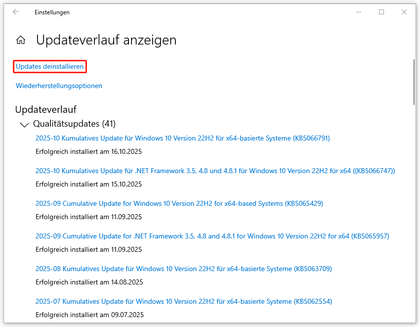 im Fenster „Updateverlauf anzeigen“ auf „Updates deinstallieren“ klicken