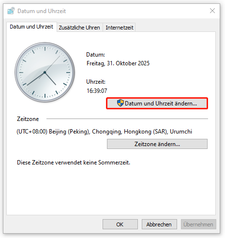 Datum und Uhrzeit über die Systemsteuerung ändern