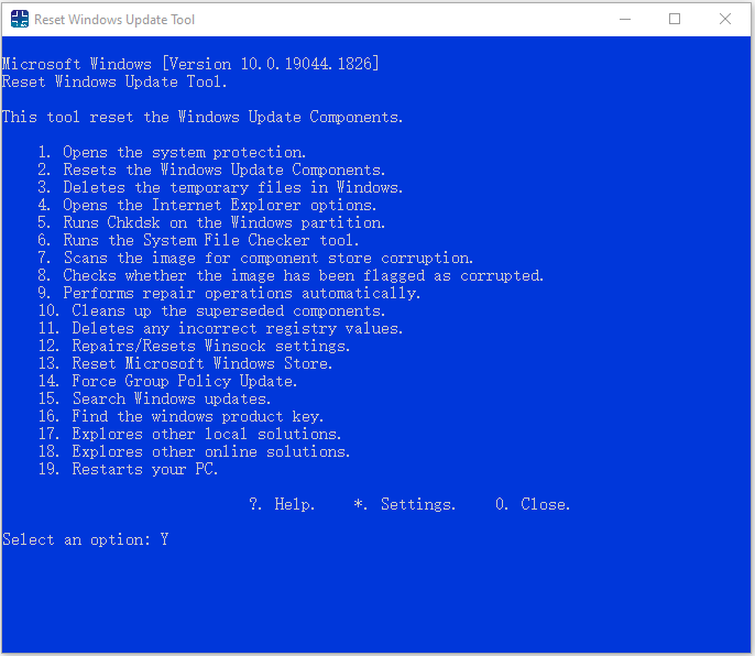 verfügbare Optionen beim Ausführen des Windows Update Reset Tools
