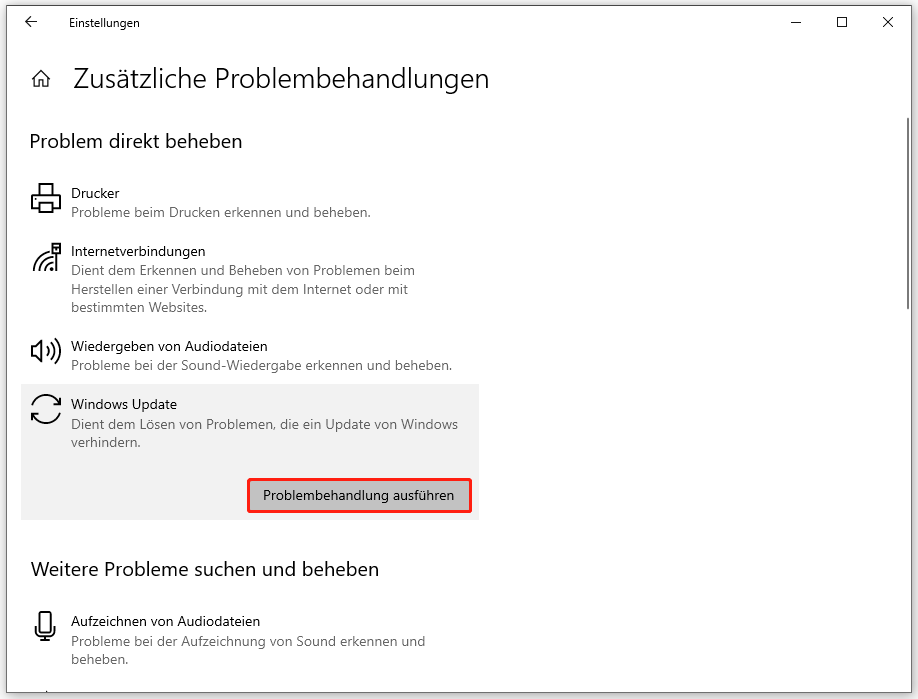Windows Update-Problembehandlung über die Einstellungen ausführen