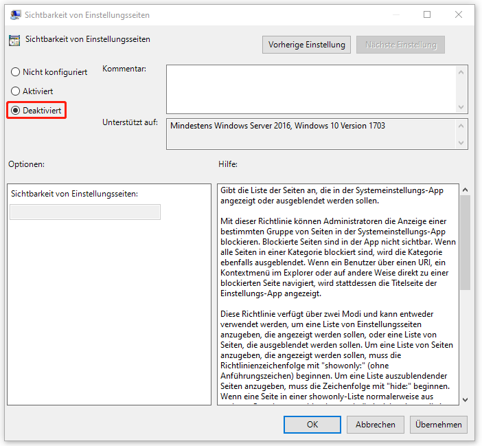 „Sichtbarkeit von Einstellungsseiten“ über den Editor für lokale Gruppenrichtlinien deaktivieren