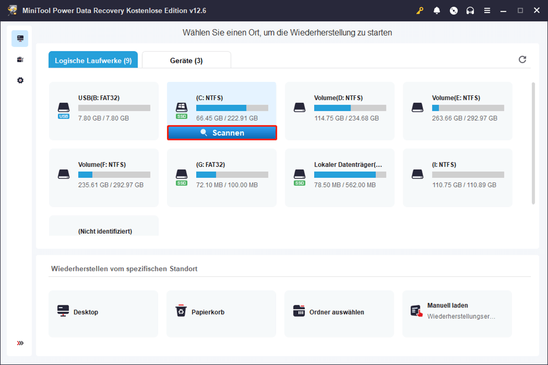 Im Abschnitt Logische Laufwerke wählen Sie die Partition und klicken Sie auf Scannen